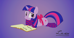 Size: 3811x1991 | Tagged: safe, artist:leopurofriki, twilight sparkle, pony, unicorn, g4, book, bow, clothes, female, mare, present, socks, solo, striped socks, thigh highs, unicorn twilight