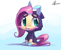Size: 2760x2275 | Tagged: safe, artist:jggjqm522, fluttershy, pegasus, pony, g4, blushing, bunny ears, chibi, clothes, cute, dangerous mission outfit, female, goggles, hoodie, mare, solo