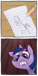 Size: 675x1341 | Tagged: source needed, safe, twilight sparkle, oc, oc:sketchy the notebook pony, g4, drawing, lined paper