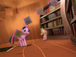 Size: 1024x768 | Tagged: safe, artist:stupid-soldier, spike, twilight sparkle, dragon, pony, g4, 3d, derp, female, gmod, golden oaks library, library, lip bite, male, mare, scrunchy face, telekinesis
