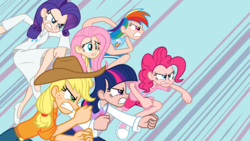 Size: 1920x1080 | Tagged: safe, artist:trinityinyang, applejack, fluttershy, pinkie pie, rainbow dash, rarity, twilight sparkle, human, a canterlot wedding, g4, action pose, clothes, converse, elements of harmony, humanized, scene interpretation, skirt