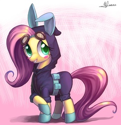 Size: 3525x3664 | Tagged: safe, artist:jggjqm522, fluttershy, pegasus, pony, g4, blushing, bunny ears, clothes, cute, dangerous mission outfit, female, goggles, hoodie, looking at you, mare, smiling, solo
