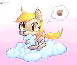 Size: 2200x1857 | Tagged: safe, artist:jggjqm522, derpy hooves, pegasus, pony, g4, cloud, female, mare, muffin, solo, thought bubble