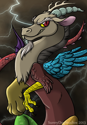Size: 695x1000 | Tagged: safe, artist:neonpossum, artist:stupid-face, discord, g4, fluffy, glare, grin, lightning, looking at you, male, smirk, solo
