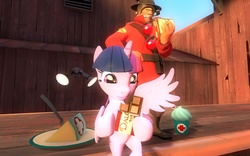 Size: 1680x1050 | Tagged: safe, artist:mrrockslider, twilight sparkle, alicorn, human, pony, g4, 3d, cake, cheese, chocolate, crossover, cupcake, dalokohs bar, duo, eating, female, fork, gmod, mare, sandvich, sandwich, soldier, soldier (tf2), team fortress 2, twilight sparkle (alicorn)