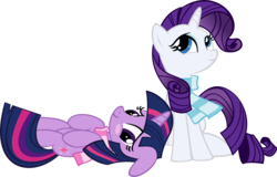 Size: 1368x878 | Tagged: safe, artist:muhmuhmuhimdead, rarity, twilight sparkle, pony, unicorn, g4, blushing, clothes, female, floppy ears, lesbian, mare, on back, scarf, ship:rarilight, shipping, simple background, sitting, transparent background, unicorn twilight, vector