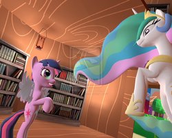 Size: 999x799 | Tagged: safe, artist:chewydog, princess celestia, twilight sparkle, alicorn, pony, g4, 3d, female, gmod, golden oaks library, happy, library, mare, standing, twilight sparkle (alicorn)