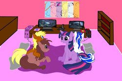 Size: 1024x683 | Tagged: safe, artist:profbropo, twilight sparkle, oc, g4, blanket, sitting, sleepover, video game