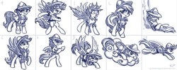 Size: 1750x700 | Tagged: safe, artist:kp-shadowsquirrel, daring do, pegasus, pony, g4, bandage, black and white, clothes, cloud, expressions, facial expressions, female, fierce, fighting stance, floppy ears, folded wings, grayscale, grin, hat, jacket, looking at you, looking down, looking offscreen, looking up, lying down, mare, monochrome, nervous, on a cloud, on back, pose, poses, prone, raised hoof, rolled up sleeves, scared, simple background, sketch dump, sleeping, smiling, smirk, solo, spread wings, tree, white background, wings