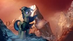 Size: 1280x720 | Tagged: safe, artist:vest, daring do, g4, clothes, detailed, detailed background, mountain, red sky, snow, solo, windswept mane
