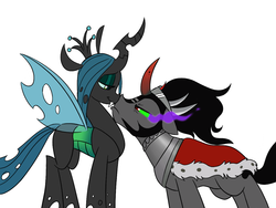 Size: 1200x900 | Tagged: safe, artist:mickeymonster, king sombra, queen chrysalis, changeling, changeling queen, pony, unicorn, g4, antagonist, boop, eye contact, female, male, noseboop, ship:chrysombra, shipping, simple background, stallion, straight, white background