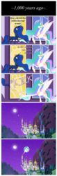 Size: 1105x3353 | Tagged: safe, artist:grievousfan, princess celestia, princess luna, alicorn, pony, g4, canterlot, comic, female, kick, kicking, mare, mare in the moon, moon, night, raised hoof, stained glass, to the moon, trollestia, tyrant celestia, ye olde butcherede englishe