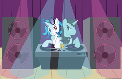 Size: 1024x663 | Tagged: safe, artist:naivewolfjosh, dj pon-3, neon lights, rising star, vinyl scratch, pony, unicorn, g4, disc jockey, dj table, duo, female, hoof around neck, looking at each other, male, mare, ship:vinylights, shipping, speaker, stallion, straight, turntable