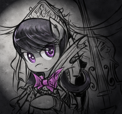 Size: 535x500 | Tagged: safe, artist:saturnspace, octavia melody, earth pony, pony, g4, bow, bowtie, cello, clothes, colored pupils, dress, ear piercing, earring, female, frown, glare, jewelry, limited palette, looking at you, mare, monochrome, musical instrument, partial color, piercing, raised hoof, solo