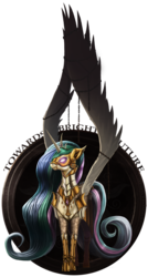 Size: 1600x2975 | Tagged: safe, artist:i-am-knot, princess celestia, alicorn, pony, g4, armor, bridle, chains, female, glare, glowing eyes, large wings, mask, simple background, solar empire, solo, spread wings, transparent background