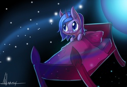 Size: 2942x2029 | Tagged: dead source, safe, artist:jggjqm522, princess luna, pony, g4, bed, female, solo, space