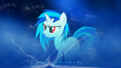 Size: 1920x1080 | Tagged: safe, artist:infernuz, dj pon-3, vinyl scratch, pony, unicorn, g4, female, hooves, horn, mare, solo, sunglasses, teeth, text, vector, wallpaper