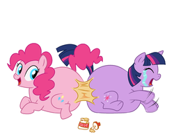 Size: 1200x951 | Tagged: safe, artist:diablo2000, pinkie pie, twilight sparkle, pony, unicorn, g4, butt bump, butt to butt, butt touch, crying, eyes closed, fat, female, frown, glue, hilarious in hindsight, lesbian, lol, obese, open mouth, piggy pie, pudgy pie, ship:twinkie, shipping, smiling, stuck, stuck together, twilard sparkle, unicorn twilight, wide eyes