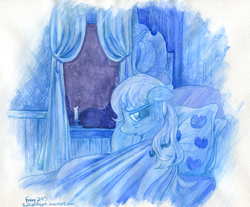 Size: 1500x1239 | Tagged: safe, artist:foxxy-arts, applejack, g4, bed, bed mane, blanket, candle, night
