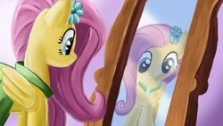 Size: 640x360 | Tagged: safe, artist:chupacat, fluttershy, pony, g4, clothes, dress, female, gala dress, mirror, reflection, solo