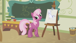 Size: 1280x720 | Tagged: safe, cheerilee, oc, oc:sketchy the notebook pony, g4, cheerilee's clipboard meme, exploitable meme, lined paper, meme, ponyville schoolhouse