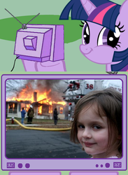 Size: 563x771 | Tagged: safe, twilight sparkle, g4, crossing the memes, disaster girl, exploitable meme, fire, meme, memeception, tv meme, twiface