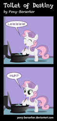 Size: 1900x4022 | Tagged: safe, artist:pony-berserker, sweetie belle, pony, unicorn, comic:toilet of destiny, g4, 2012, 2013, cleaning, comic, destiny, dialogue, eyes closed, female, filly, hilarious in hindsight, hoof hold, inkscape, open mouth, singing, smiling, solo, speech bubble, splash, standing, surprised, toilet, toilet cleaner, toilet humor, toilet mark crusaders, toilet plunger, vector, wide eyes