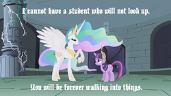 Size: 1280x720 | Tagged: safe, edit, edited screencap, screencap, princess celestia, twilight sparkle, g4, animation error, babylon 5, quote, the greatest pony of us all