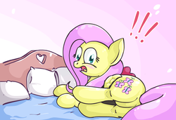 Size: 1176x804 | Tagged: safe, artist:scrimpeh, fluttershy, pegasus, pony, g4, bed, blushing, butt, embarrassed, featureless crotch, female, fluttershy sleeps naked, mare, pillow, plot, surprised, we don't normally wear clothes