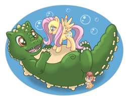 Size: 800x615 | Tagged: safe, fluttershy, kaiju, g4, crossover, godzilla, godzilla (series), godzilla junior, little godzilla, sally acorn, satam, sonic the hedgehog (series)