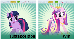 Size: 528x280 | Tagged: safe, princess cadance, twilight sparkle, derpibooru, g4, exploitable meme, juxtaposition, juxtaposition win, spoilered image joke, sunshine sunshine