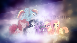 Size: 1920x1080 | Tagged: safe, artist:tzolkine, applejack, fluttershy, pinkie pie, rainbow dash, rarity, spike, twilight sparkle, alicorn, pony, g4, female, mane seven, mane six, mare, twilight sparkle (alicorn), wallpaper