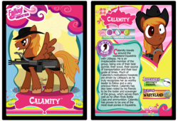 Size: 3100x2110 | Tagged: safe, artist:rinmitzuki, oc, oc only, oc:calamity, pegasus, pony, fallout equestria, battle saddle, fanfic, fanfic art, gun, hat, male, stallion, text, trading card, weapon, wings