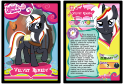 Size: 3100x2110 | Tagged: safe, artist:rinmitzuki, oc, oc only, oc:velvet remedy, pony, unicorn, fallout equestria, blood, fanfic, fanfic art, female, fluttershy medical saddlebag, horn, mare, medical saddlebag, saddle bag, smiling, solo, text, trading card