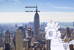 Size: 1500x1000 | Tagged: safe, oc, oc only, oc:sketchy the notebook pony, pony, city, giant pony, irl, lined paper, new york city, paper, photo, solo, traditional art