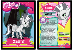 Size: 3100x2110 | Tagged: safe, artist:rinmitzuki, oc, oc only, oc:xenith, pony, zebra, fallout equestria, fanfic, fanfic art, female, fillydelphia, mare, scar, solo, text, trading card