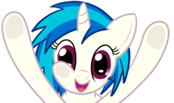 Size: 1211x722 | Tagged: safe, artist:all-of-thehomo, dj pon-3, vinyl scratch, pony, unicorn, g4, female, fourth wall, fourth wall pose, hooves, horn, mare, open mouth, screen, simple background, smiling, solo, transparent background, vector