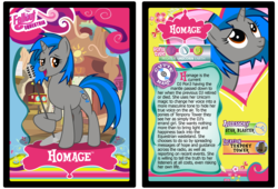 Size: 3100x2110 | Tagged: safe, artist:rinmitzuki, oc, oc only, oc:homage, pony, unicorn, fallout equestria, fanfic, fanfic art, female, horn, mare, microphone, open mouth, solo, text, trading card