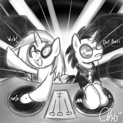 Size: 900x900 | Tagged: safe, artist:nekocrispy, dj pon-3, neon lights, rising star, vinyl scratch, pony, unicorn, g4, female, male, mare, monochrome, stallion