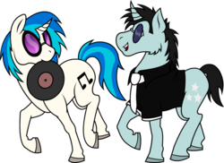 Size: 900x655 | Tagged: safe, artist:philosophypony, dj pon-3, neon lights, rising star, vinyl scratch, pony, unicorn, g4, duo, female, male, mare, mouth hold, record, ship:vinylights, shipping, stallion, straight