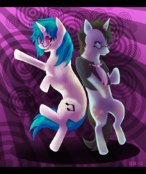 Size: 810x963 | Tagged: safe, artist:zihur, dj pon-3, neon lights, rising star, vinyl scratch, pony, unicorn, g4, dancing, duo, female, male, mare, ship:vinylights, shipping, stallion, straight