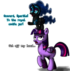 Size: 1463x1484 | Tagged: safe, artist:darkone10, nightmare moon, twilight sparkle, alicorn, pony, g4, age regression, cute, female, filly, mare, nightmare woon, tumblr:asktwilyandwoon, twilight sparkle (alicorn)