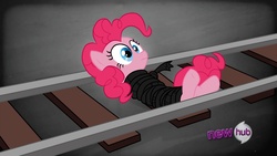 Size: 1920x1080 | Tagged: safe, artist:greaterlimit, pinkie pie, g4, mmmystery on the friendship express, bondage, colored, hooves, hub logo, peril, rope, tied to tracks, tied up, train tracks, unsexy bondage