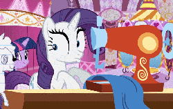 Size: 702x445 | Tagged: safe, artist:relaxingonthemoon, edit, rarity, oc, pony, unicorn, g4, female, gif, lined paper, mare, non-animated gif, scared, sewing, sewing machine, twiface, wrong neighborhood