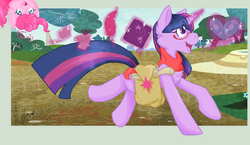 Size: 950x550 | Tagged: safe, artist:little-squeaker, pinkie pie, twilight sparkle, g4, book, clothes, fluffy, glasses, heart, open mouth, saddle bag, scarf, telekinesis