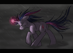 Size: 1024x738 | Tagged: safe, artist:smileyboxaloo, twilight sparkle, g4, eyes closed, glowing horn, horn, night, rain, struggling, wind, windswept mane