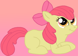 Size: 456x331 | Tagged: safe, artist:ced75, apple bloom, g4, apple bloom's bow, bow, crossed hooves, eyes open, full body, gradient background, grin, hair bow, looking up, lying down, prone, side view, smiling, solo