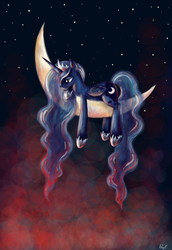 Size: 5000x7260 | Tagged: safe, artist:pponyoo, princess luna, pony, g4, absurd resolution, crescent moon, female, moon, prone, solo, tangible heavenly object