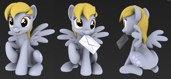 Size: 1335x618 | Tagged: safe, artist:hashbro, derpy hooves, pegasus, pony, g4, 3d, female, letter, mare, model, sitting, wings, wip
