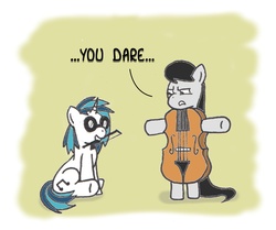 Size: 1304x1088 | Tagged: safe, artist:bobthedalek, dj pon-3, octavia melody, vinyl scratch, earth pony, pony, unicorn, g4, bow (instrument), cello, costume, dialogue, duo, mouth hold, musical instrument